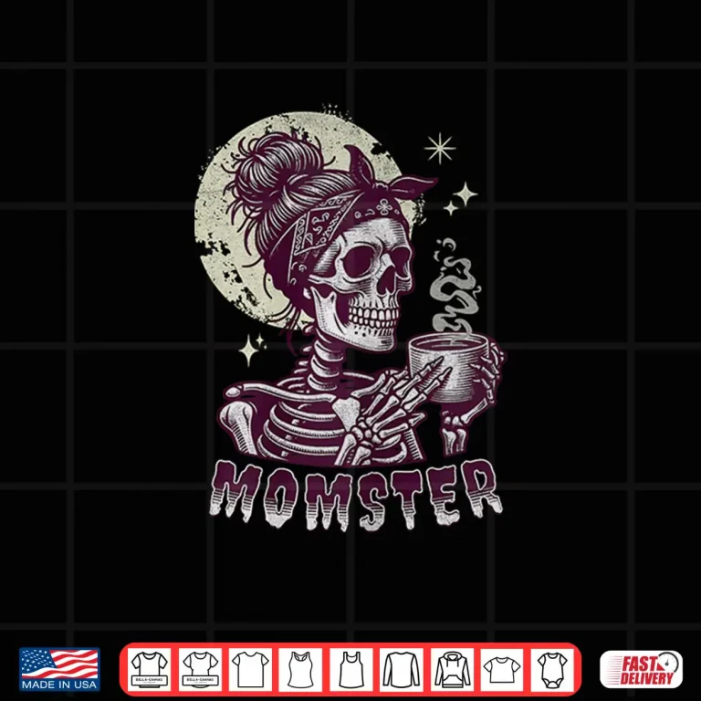 Design Momster Skull Mom Coffee Lover Halloween Messy Hair Bun Shirt 1