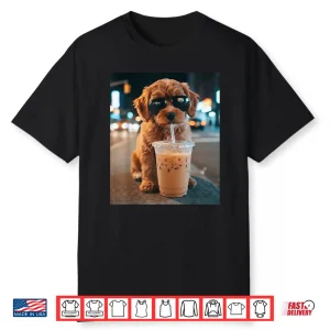 Funny Goldendoodle Drinking Iced Coffee Animal Meme Humor Shirt