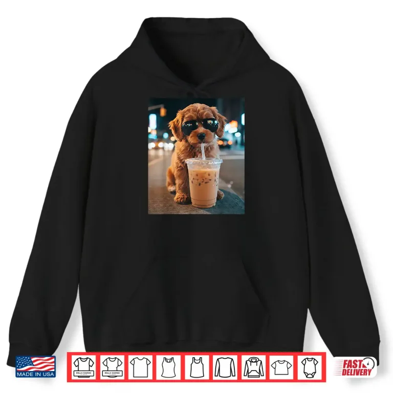 Hoodie Funny Goldendoodle Drinking Iced Coffee Animal Meme Humor Shirt