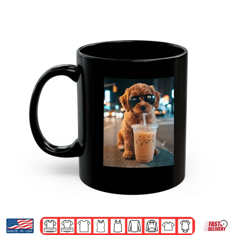 Mug Funny Goldendoodle Drinking Iced Coffee Animal Meme Humor Shirt