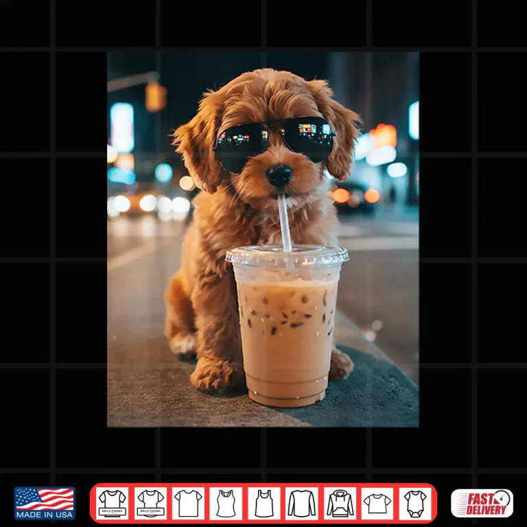 Design Funny Goldendoodle Drinking Iced Coffee Animal Meme Humor Shirt