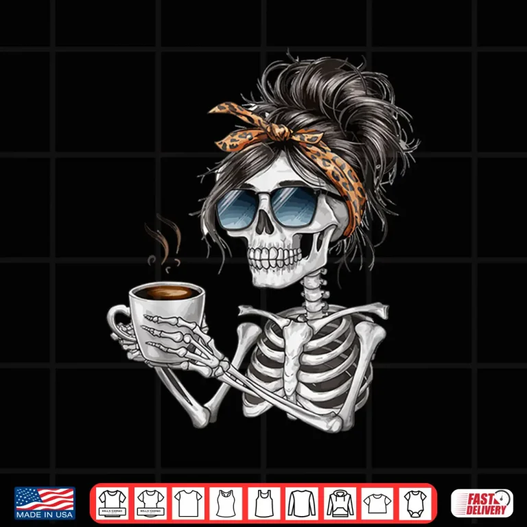 Design Skeleton Messy Bun Coffee Halloween Coffee Lover Modern Shirt