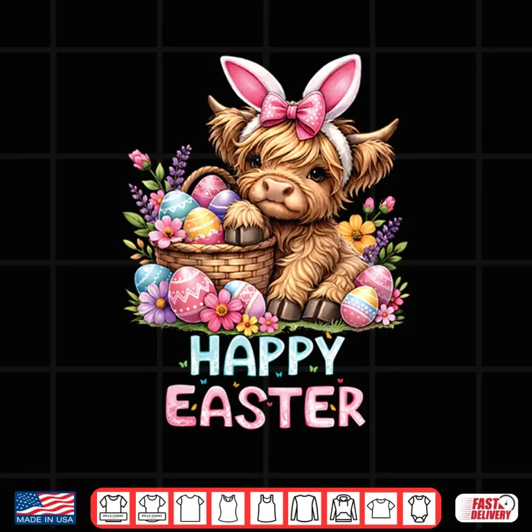 Design Happy Easter Day Highland Cow Cute Holiday Bunny Women Kids Shirt