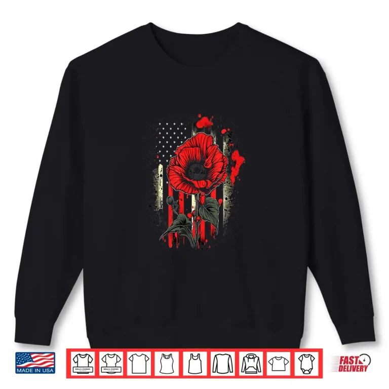 Sweatshirt Memorial Day Red Poppy Flower American Flag USA July Fourth Shirt