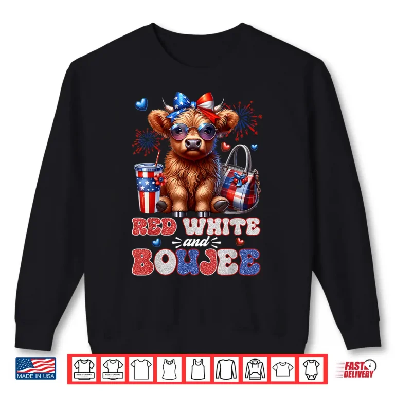 Sweatshirt Cute Red White And Boujee Highland Cow Fourth Of July Shirt