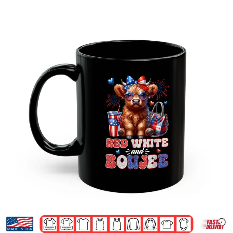 Mug Cute Red White And Boujee Highland Cow Fourth Of July Shirt