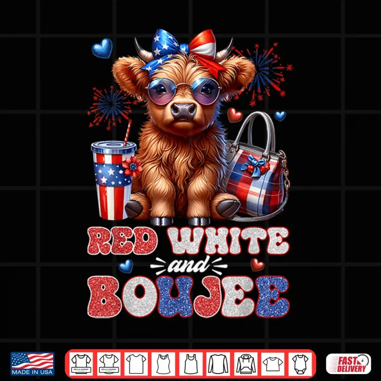 Design Cute Red White And Boujee Highland Cow Fourth Of July Shirt