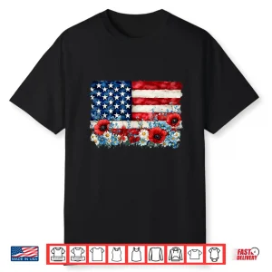 Retro Flower American Flag Women July Fourth Patriotic Shirt