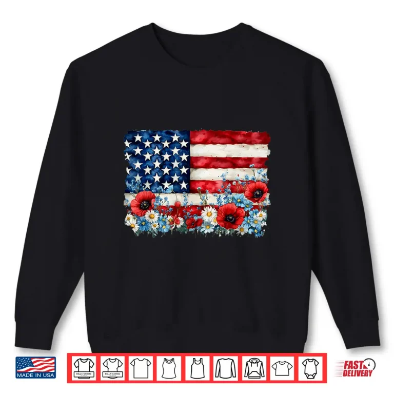 Sweatshirt Retro Flower American Flag Women July Fourth Patriotic Shirt