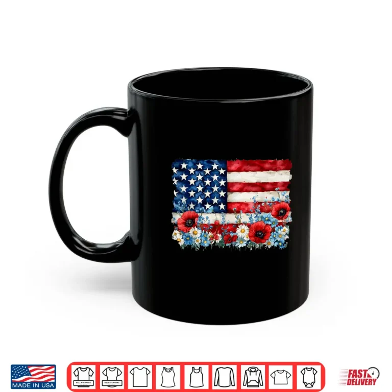 Mug Retro Flower American Flag Women July Fourth Patriotic Shirt