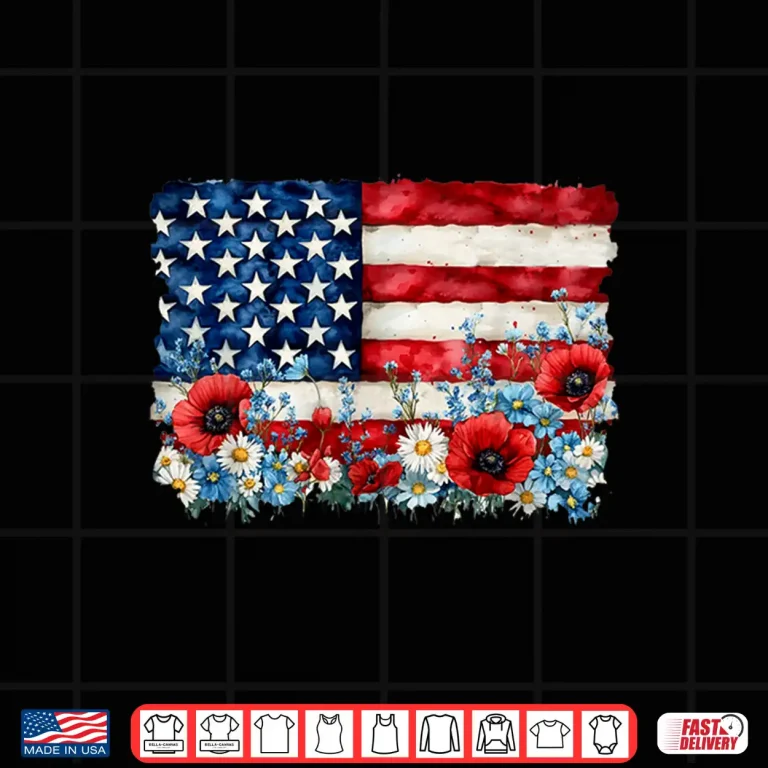 Design Retro Flower American Flag Women July Fourth Patriotic Shirt