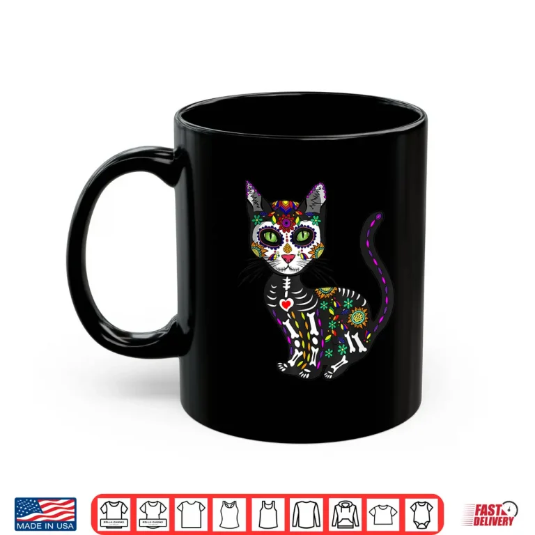 Mug Cute Sugar Skull Mexican Cat Halloween Day Of The Dead Shirt