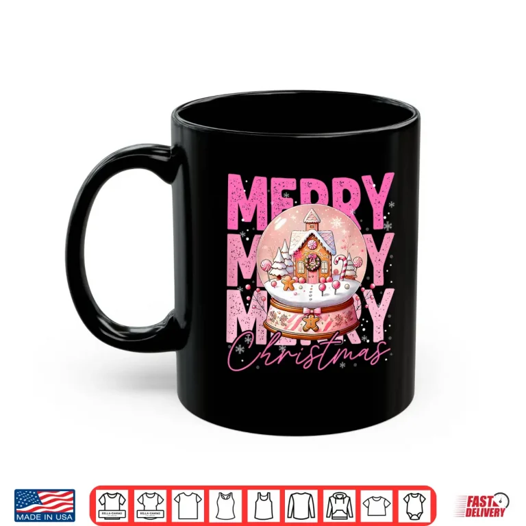 Mug Cute Merry Christmas Snow Globe Pink Gingerbread House Xmas Shirt