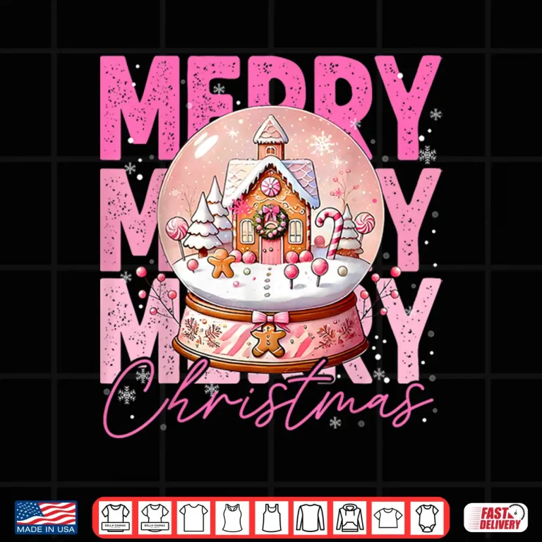 Design Cute Merry Christmas Snow Globe Pink Gingerbread House Xmas Shirt