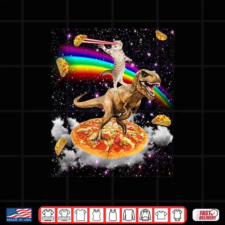 Design Galaxy Laser Cat on Dinosaur on Pizza with Tacos Rainbow Shirt
