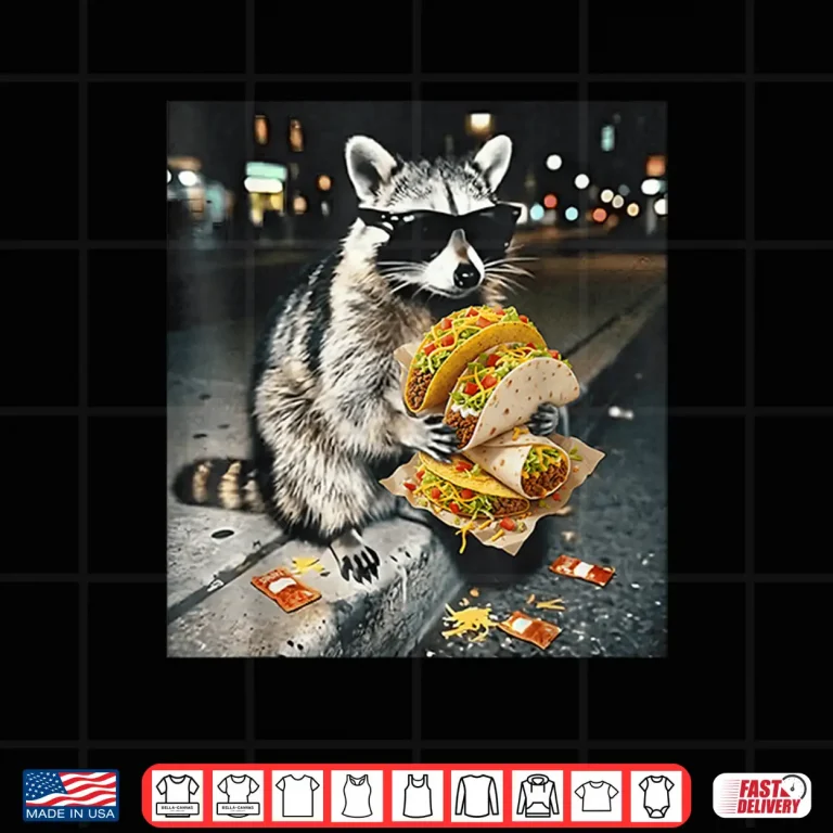 Design Cool Raccoon in Sunglasses Eating Tacos Street Food Animal Shirt