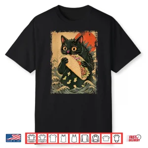 Funny Black Cat Eating Tacos Retro Japanese Anime Teens Kids Shirt