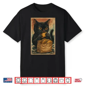Funny Black Cat Eating Tacos Retro Japanese Shirt