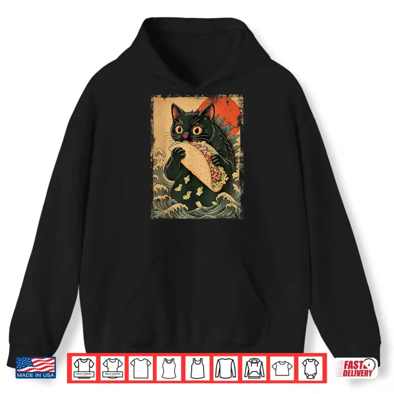 Hoodie Funny Black Cat Eating Tacos Retro Japanese Anime Teens Kids Shirt