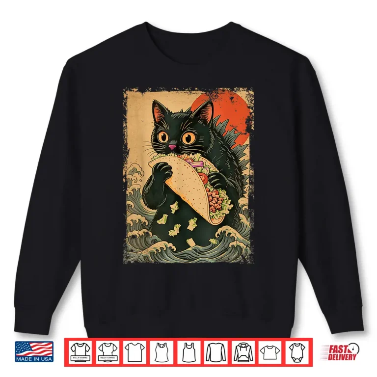 Sweatshirt Funny Black Cat Eating Tacos Retro Japanese Anime Teens Kids Shirt