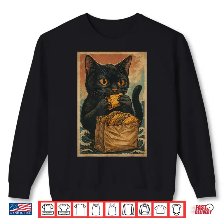 Sweatshirt Funny Black Cat Eating Tacos Retro Japanese Shirt
