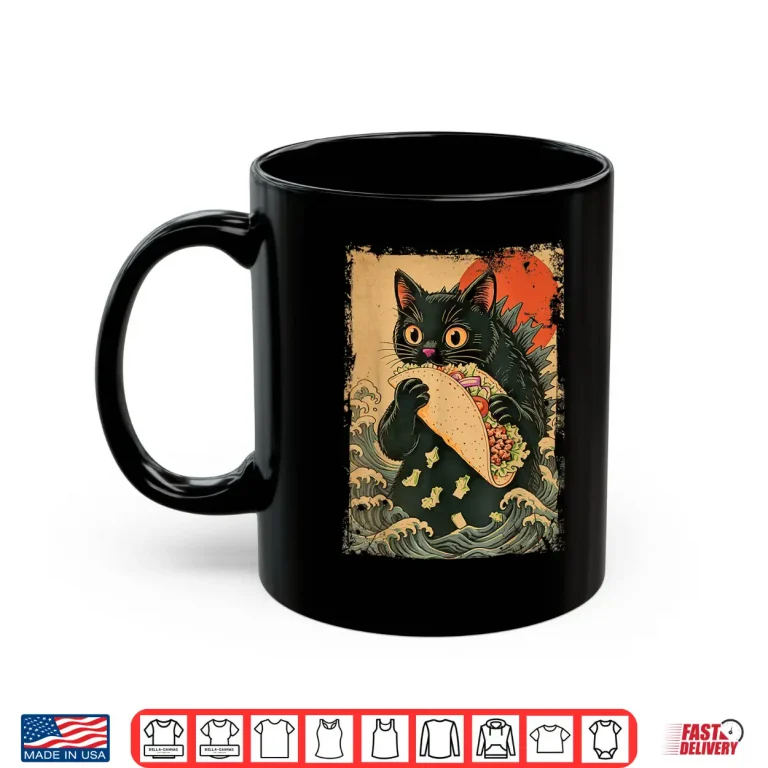 Mug Funny Black Cat Eating Tacos Retro Japanese Anime Teens Kids Shirt