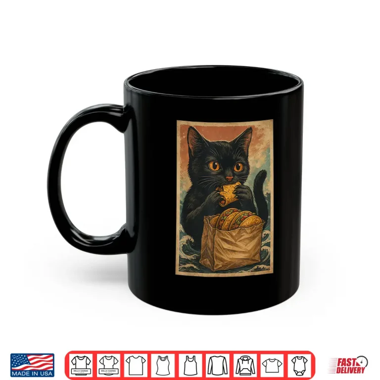 Mug Funny Black Cat Eating Tacos Retro Japanese Shirt