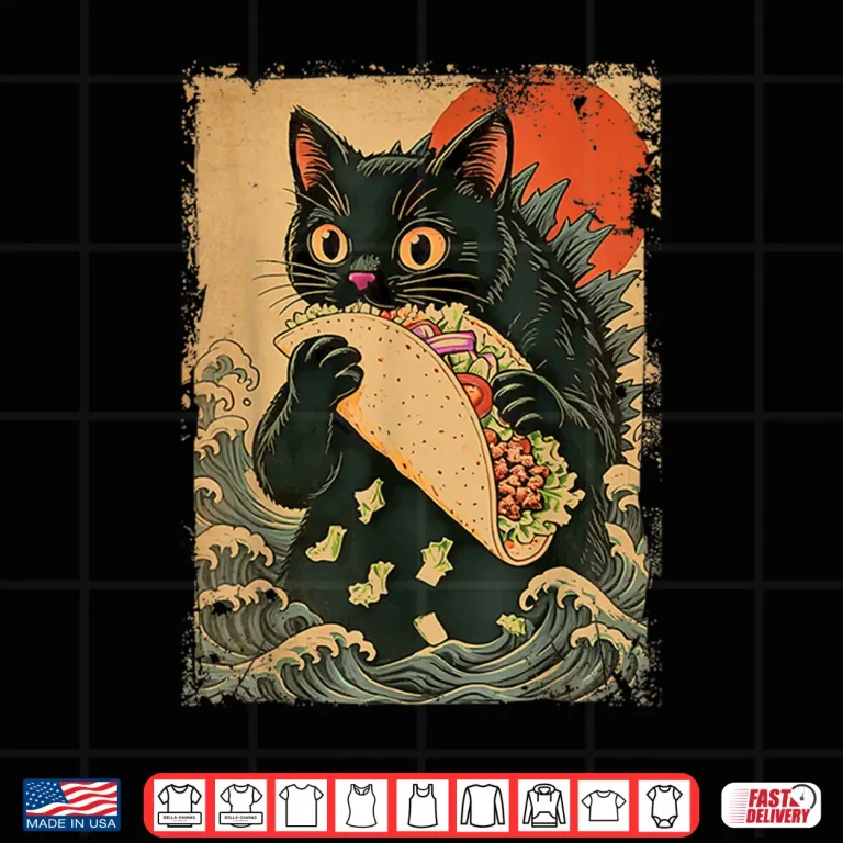 Design Funny Black Cat Eating Tacos Retro Japanese Anime Teens Kids Shirt