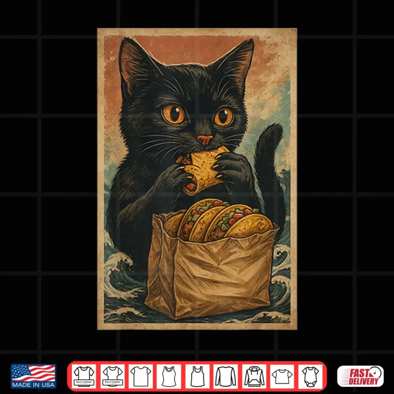 Design Funny Black Cat Eating Tacos Retro Japanese Shirt