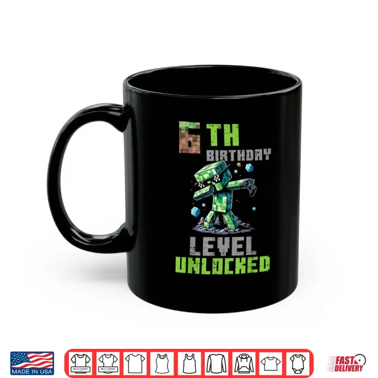 Mug 6th Birthday Level Unlocked Pixel Dab 6 Bday Gamer Boys Kids Shirt