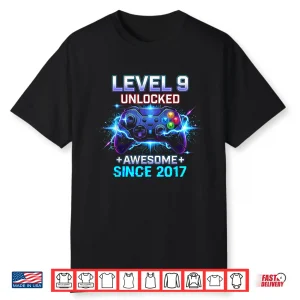 Level 9 Unlocked Awesome Since 2017 9Th Birthday Boy Gamer Shirt