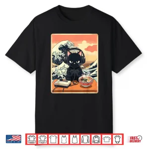 Retro Gamer Cat With Ramen Great Wave For Anime Fans Shirt
