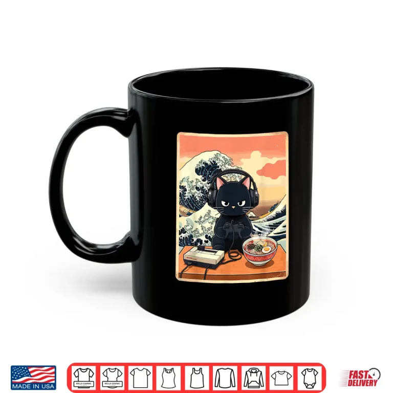 Mug Retro Gamer Cat with Ramen Great Wave for Anime Fans Shirt