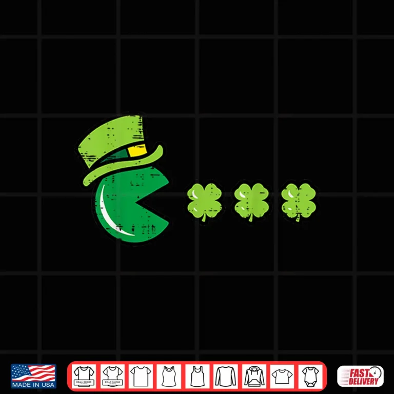 Design St Patricks Day Eating Shamrock Retro Gamer Men Boys Kids Shirt