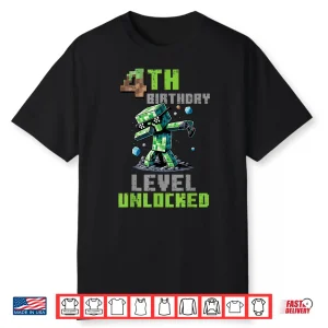 4Th Birthday Level Unlocked Pixel Dab 4 Bday Gamer Boys Kids Shirt