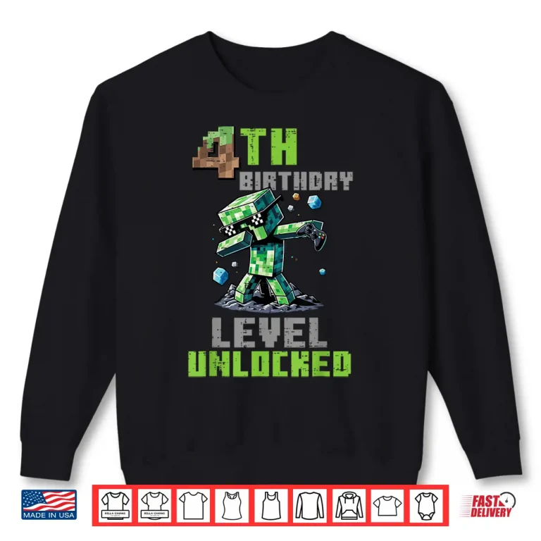 Sweatshirt 4th Birthday Level Unlocked Pixel Dab 4 Bday Gamer Boys Kids Shirt