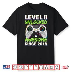 Level 8 Unlocked Awesome Since 2018 8Th Birthday Gaming Boys Shirt