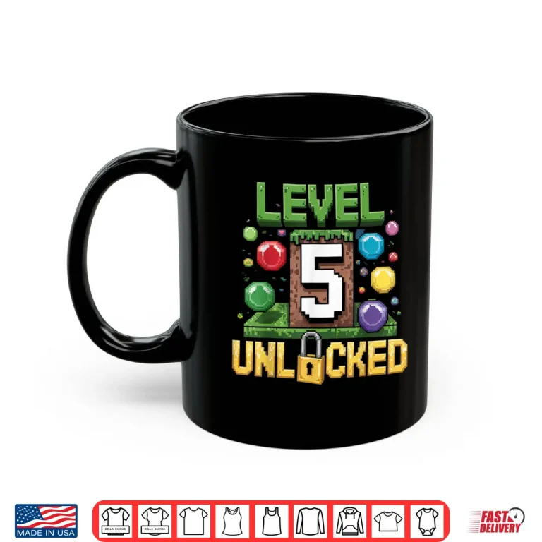 Mug Birthday Boy Shirt Level 5 Unlocked 5th Birthday Game Pixel Shirt