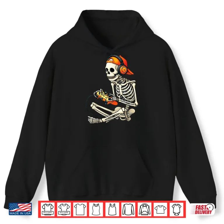 Hoodie Halloween Skeleton Gamer Video Gaming Boys Men Kids Tees Shirt