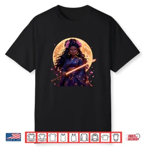 Black Woman Japanese Anime Samurai Girl Black Cat Shirt