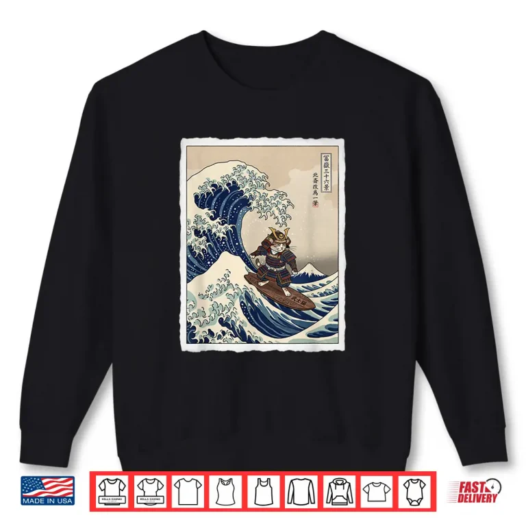 Sweatshirt Samurai Cat Surfing The Great Wave Off Kanagawa Ukiyo e Art Shirt