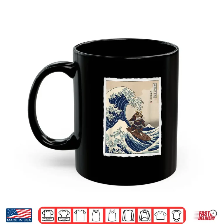 Mug Samurai Cat Surfing The Great Wave Off Kanagawa Ukiyo e Art Shirt