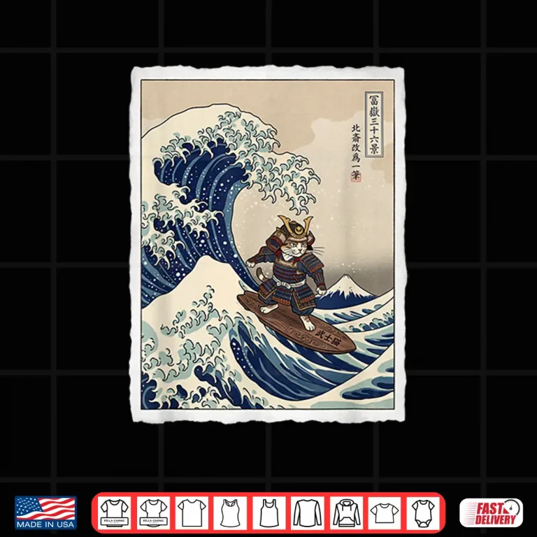 Design Samurai Cat Surfing The Great Wave Off Kanagawa Ukiyo e Art Shirt
