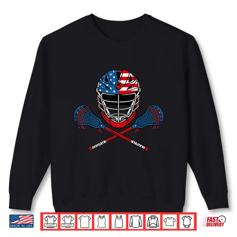 Sweatshirt Lacrosse Helmet Lax Sticks American Flag 4th of July Men Boy Shirt