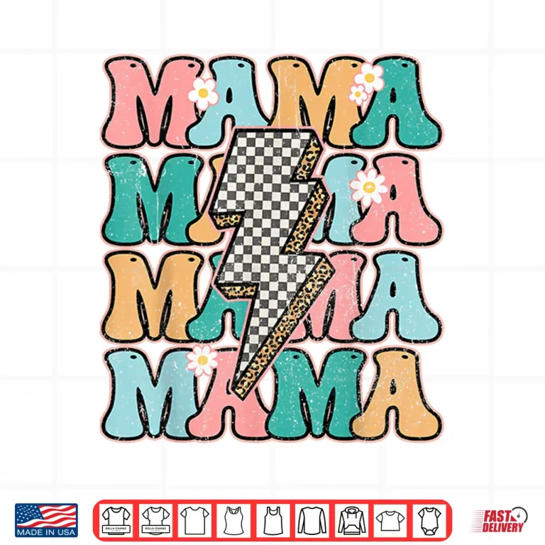 Design Groovy Mama Checkered Leopard Bolt Lightning Flower Mom Life Shirt