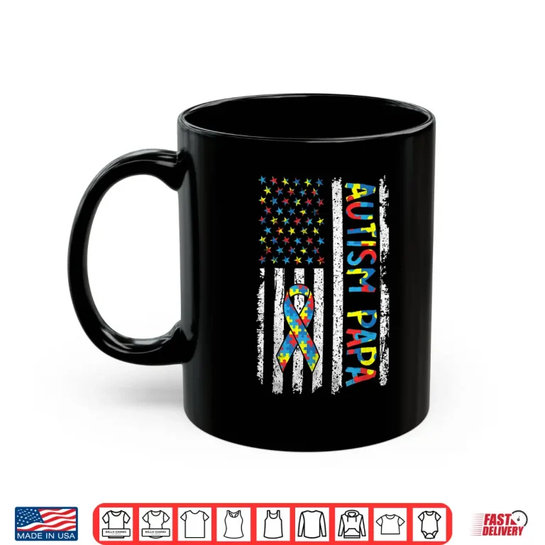 Mug Autism Awareness Papa USA American Flag Puzzle Fathers Day Shirt