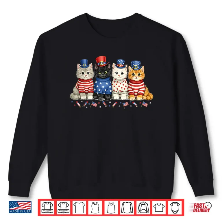 Sweatshirt 4th of July Patriotic Cats Flags Fireworks Independence Day Shirt