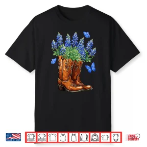 Texas Independence Day Cowgirl Boots & Bluebonnet Flowers Shirt