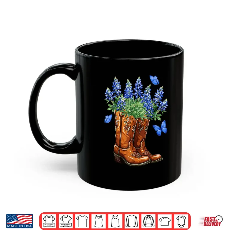 Mug Texas Independence Day Cowgirl Boots Bluebonnet Flowers Shirt