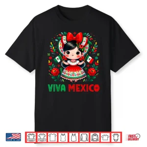 Black-T-Shirt-Cute Viva Mexico Girl Mexican Independence Day Kids Toddler Shirt